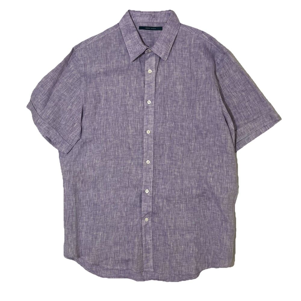 Perry Ellis 100% Linen Men Size XL Purple Short Sleeve Button Down Shirt Casual